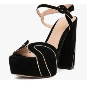 XYD Black Block Heel Sandals Platform Base Open Toe Buckle Ankle Strap Shoe